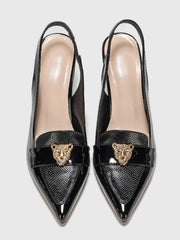 Snakeskin Embossed Metal Decor Point Toe Pyramid Heeled Slingback Pumps - Hues