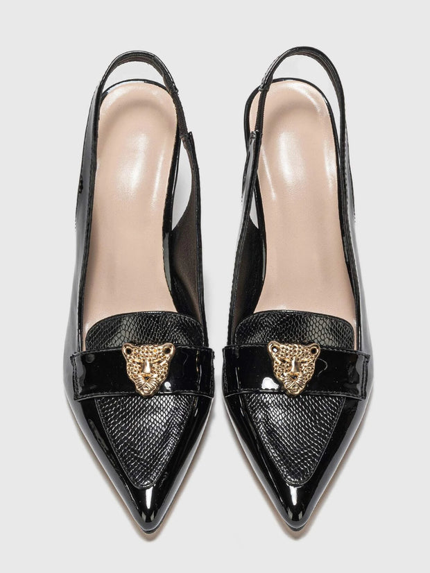 Snakeskin Embossed Metal Decor Point Toe Pyramid Heeled Slingback Pumps - Hues
