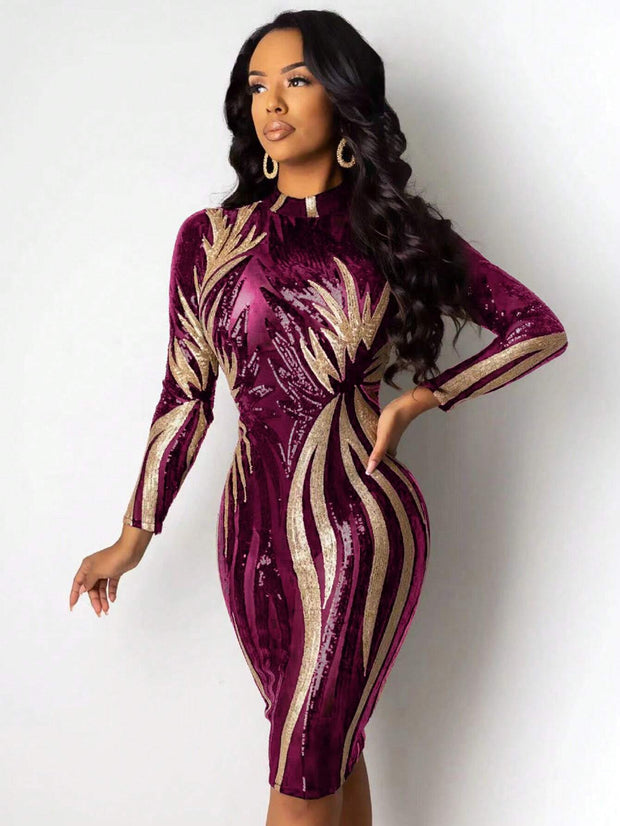Allover Print Mock Neck Bodycon Dress - Hues