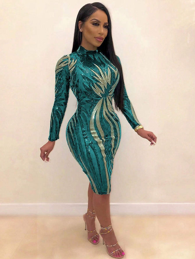 Allover Print Mock Neck Bodycon Dress - Hues