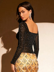 BAE Square Neck Star Sequin Detail Mesh Top - Hues