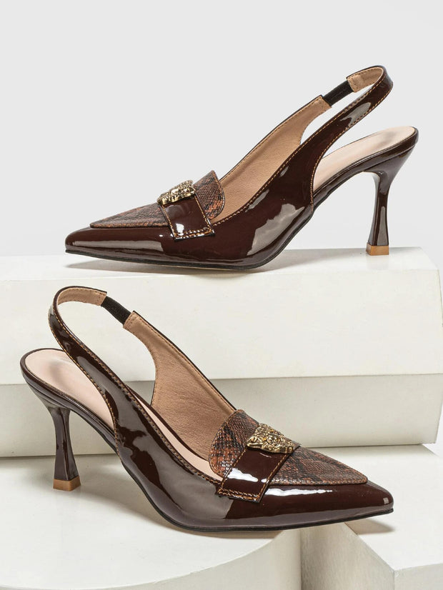Snakeskin Embossed Metal Decor Point Toe Pyramid Heeled Slingback Pumps - Hues