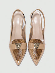 Snakeskin Embossed Metal Decor Point Toe Pyramid Heeled Slingback Pumps - Hues