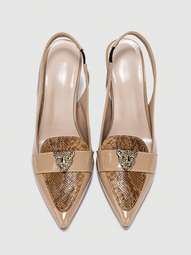 Snakeskin Embossed Metal Decor Point Toe Pyramid Heeled Slingback Pumps - Hues