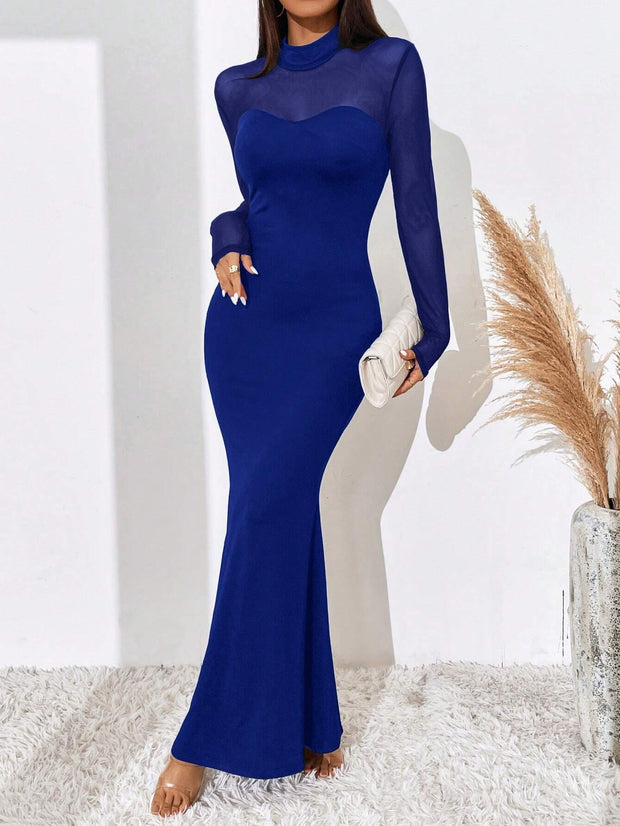 BAE Contrast Mesh Mock Neck Mermaid Hem Dress - Hues
