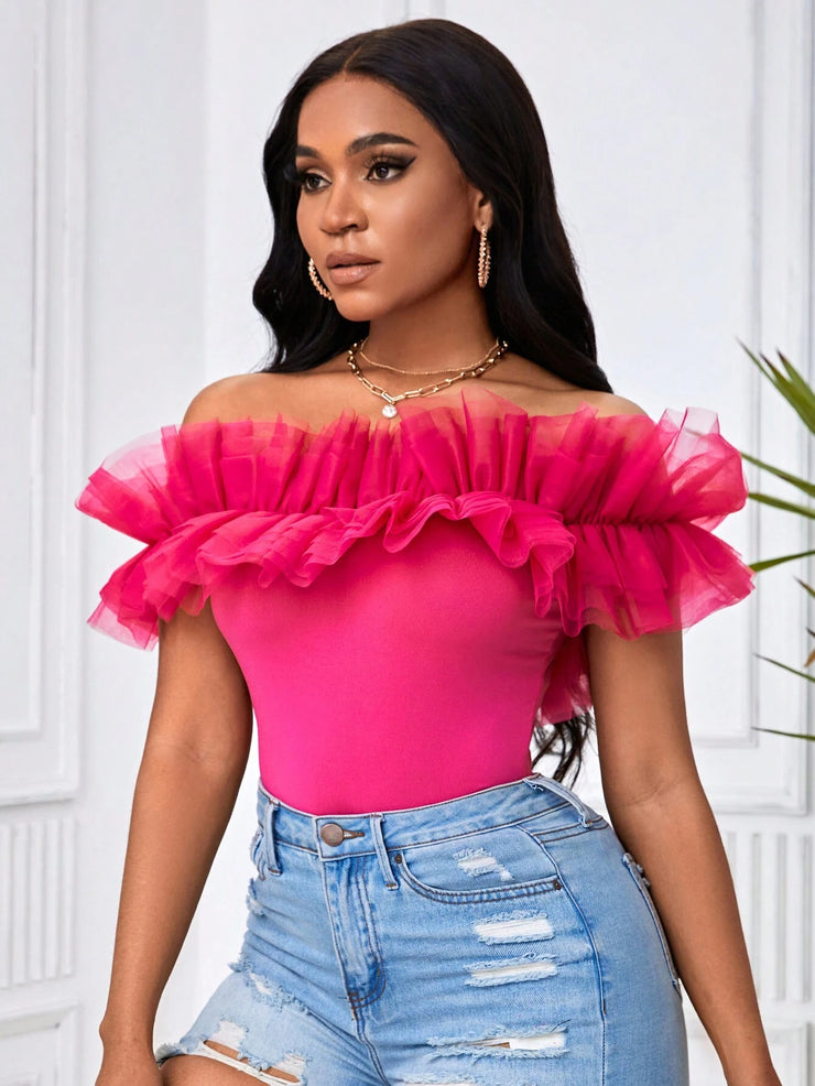 BAE Exaggerate Layered Mesh Ruffle Trim Bardot Top - Hues