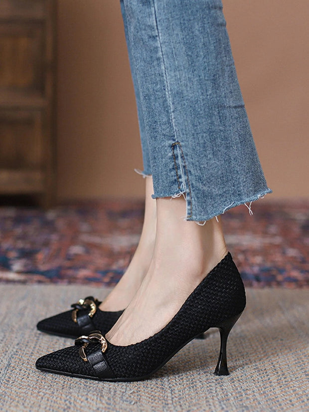 Women Metal Decor Point Toe Court Pumps, Elegant Outdoor Pumps - Hues