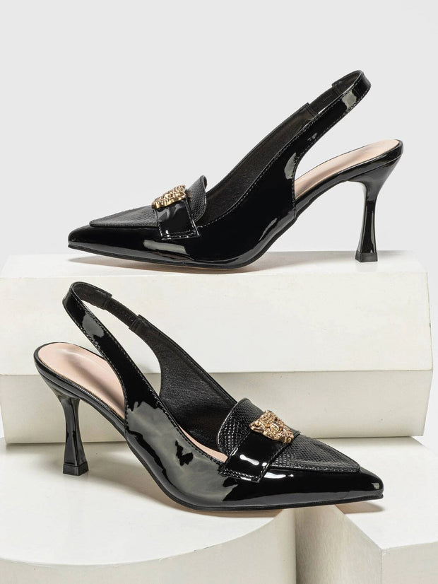 Snakeskin Embossed Metal Decor Point Toe Pyramid Heeled Slingback Pumps - Hues
