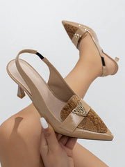 Snakeskin Embossed Metal Decor Point Toe Pyramid Heeled Slingback Pumps - Hues