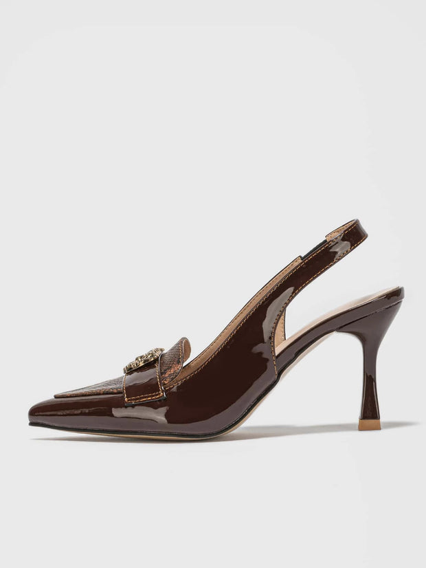 Snakeskin Embossed Metal Decor Point Toe Pyramid Heeled Slingback Pumps - Hues