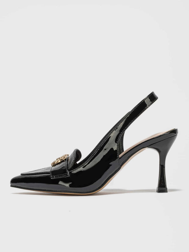 Snakeskin Embossed Metal Decor Point Toe Pyramid Heeled Slingback Pumps - Hues