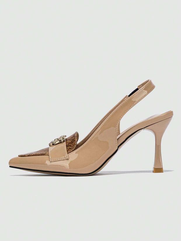 Snakeskin Embossed Metal Decor Point Toe Pyramid Heeled Slingback Pumps - Hues