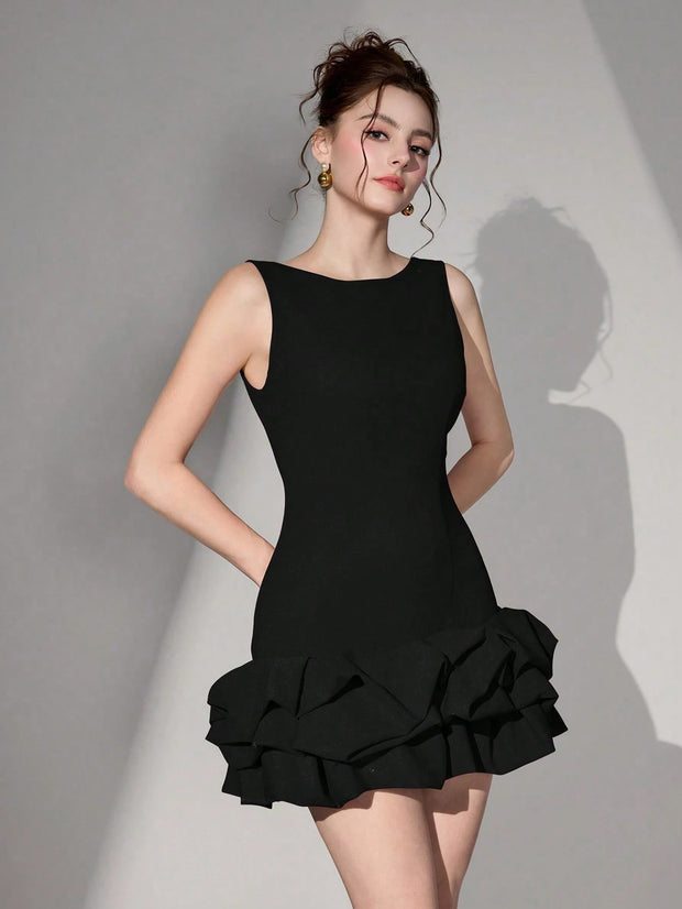 Poshira Women Short Knitted Black Mixed Material Sleeveless Backless Dress