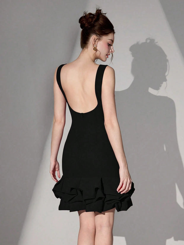 Poshira Women Short Knitted Black Mixed Material Sleeveless Backless Dress