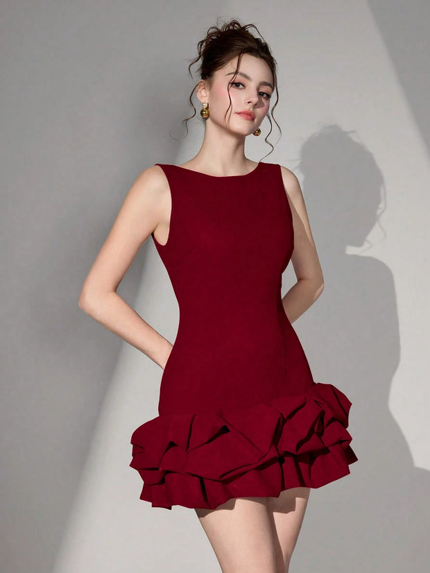Poshira Women Short Knitted Black Mixed Material Sleeveless Backless Dress