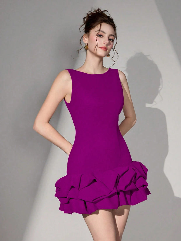Poshira Women Short Knitted Black Mixed Material Sleeveless Backless Dress