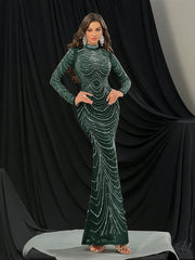 QOQ Fashionable Gorgeous Solid Color Hot Drill Standing Neck Long Sleeve Mermaid Slim Women Gown Dress