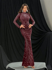 QOQ Fashionable Gorgeous Solid Color Hot Drill Standing Neck Long Sleeve Mermaid Slim Women Gown Dress