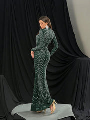 QOQ Fashionable Gorgeous Solid Color Hot Drill Standing Neck Long Sleeve Mermaid Slim Women Gown Dress