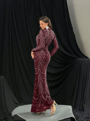 QOQ Fashionable Gorgeous Solid Color Hot Drill Standing Neck Long Sleeve Mermaid Slim Women Gown Dress