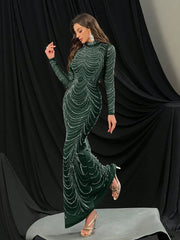 QOQ Fashionable Gorgeous Solid Color Hot Drill Standing Neck Long Sleeve Mermaid Slim Women Gown Dress