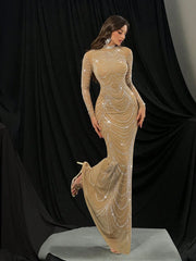 QOQ Fashionable Gorgeous Solid Color Hot Drill Standing Neck Long Sleeve Mermaid Slim Women Gown Dress