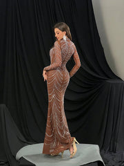 QOQ Fashionable Gorgeous Solid Color Hot Drill Standing Neck Long Sleeve Mermaid Slim Women Gown Dress