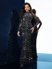 QOQ Fashionable Gorgeous Solid Color Hot Drill Standing Neck Long Sleeve Mermaid Slim Women Gown Dress