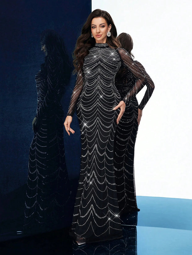 QOQ Fashionable Gorgeous Solid Color Hot Drill Standing Neck Long Sleeve Mermaid Slim Women Gown Dress