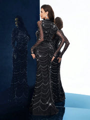 QOQ Fashionable Gorgeous Solid Color Hot Drill Standing Neck Long Sleeve Mermaid Slim Women Gown Dress