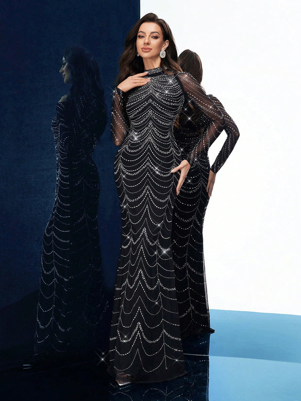 QOQ Fashionable Gorgeous Solid Color Hot Drill Standing Neck Long Sleeve Mermaid Slim Women Gown Dress