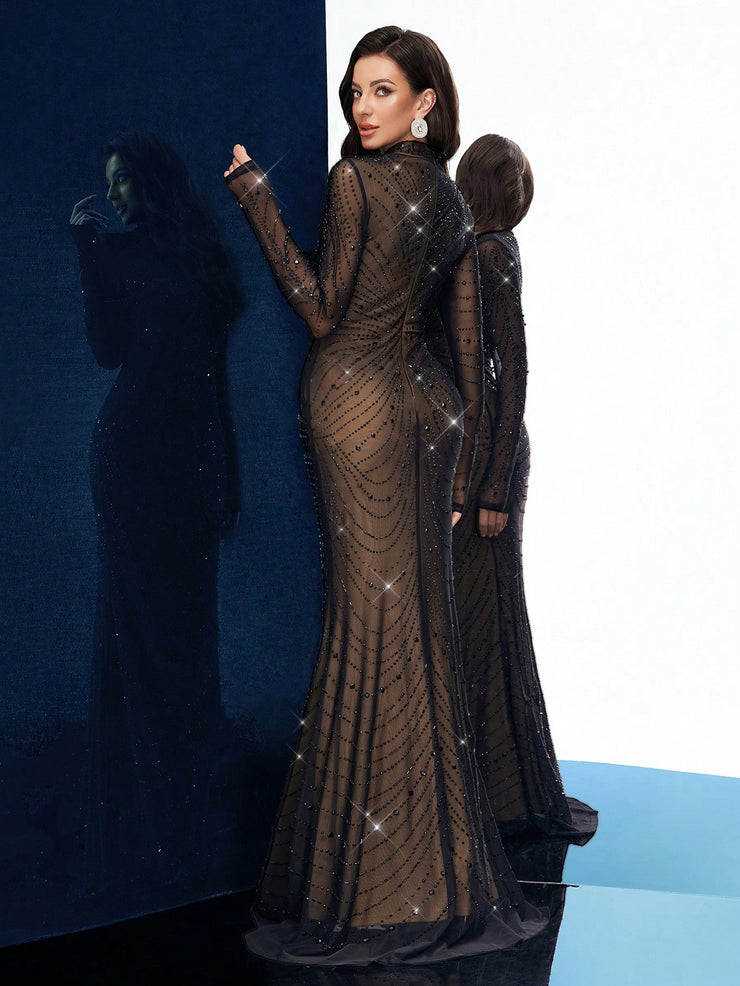 QOQ Glamorous Elegant Black Hot Drill Long Sleeve Rhinestone Slim Women Gown Dress