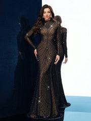 QOQ Glamorous Elegant Black Hot Drill Long Sleeve Rhinestone Slim Women Gown Dress