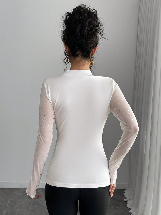 Rafferiza Women's Sexy Black Hollow-Out Mesh Silver Foil Splice Long Sleeve Slim Fit T-Shirt