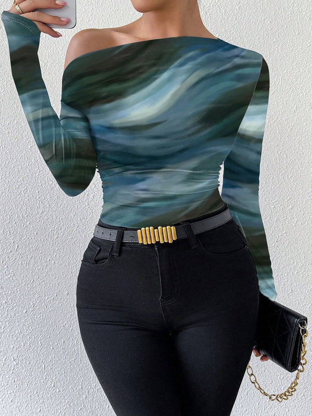 Rafferiza Marble Gradient Print Asymmetric Asymmetrical Neck Long Sleeve T-Shirt