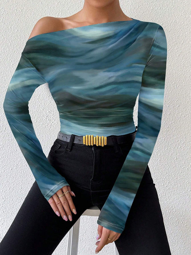 Rafferiza Marble Gradient Print Asymmetric Asymmetrical Neck Long Sleeve T-Shirt