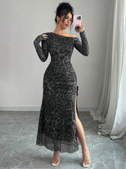 Rafferiza Elegant Tie Dye Gradient Ruched Mesh Leopard Print Asymmetrical Neck High Slit Dress Maxi Women Outfit
