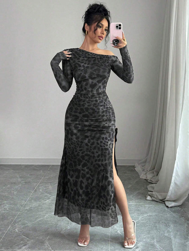 Rafferiza Elegant Tie Dye Gradient Ruched Mesh Leopard Print Asymmetrical Neck High Slit Dress Maxi Women Outfit