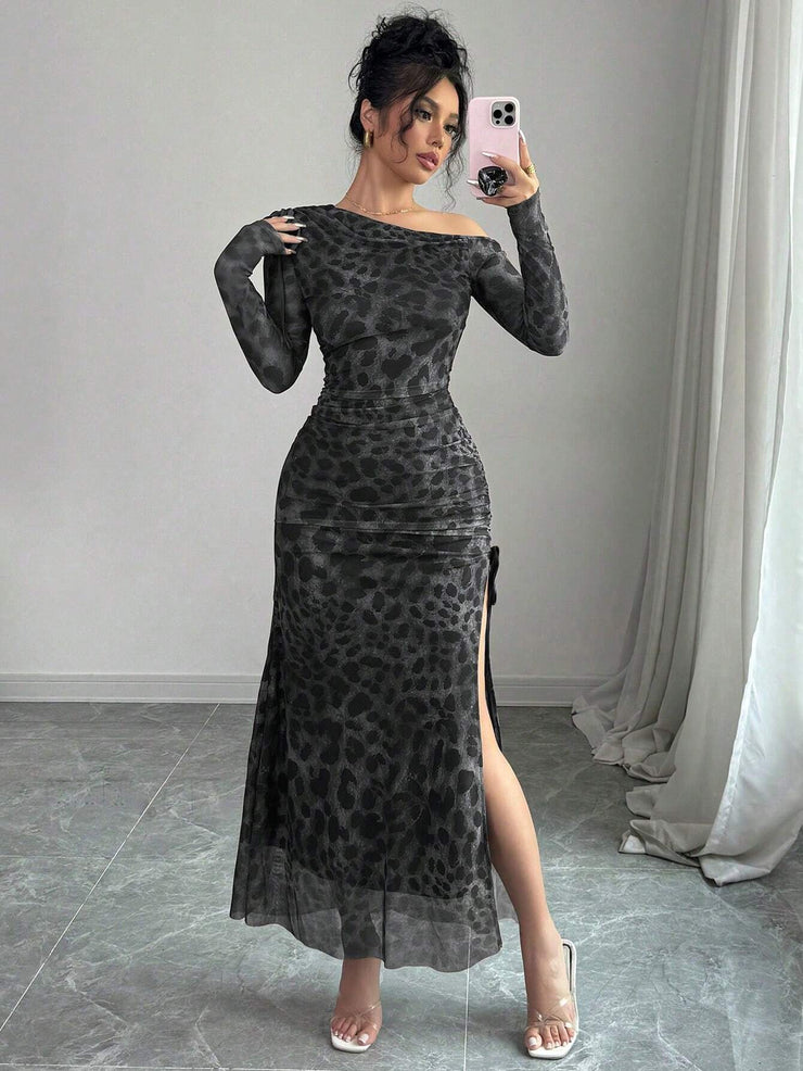 Rafferiza Elegant Tie Dye Gradient Ruched Mesh Leopard Print Asymmetrical Neck High Slit Dress Maxi Women Outfit