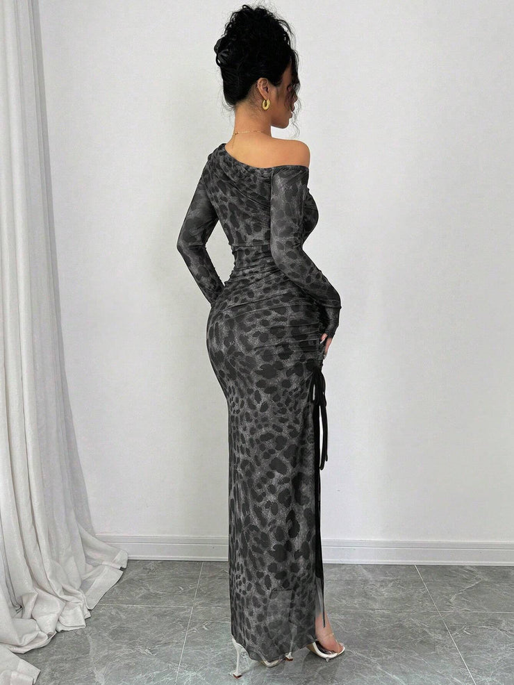 Rafferiza Elegant Tie Dye Gradient Ruched Mesh Leopard Print Asymmetrical Neck High Slit Dress Maxi Women Outfit