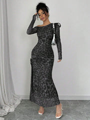 Rafferiza Elegant Tie Dye Gradient Ruched Mesh Leopard Print Asymmetrical Neck High Slit Dress Maxi Women Outfit
