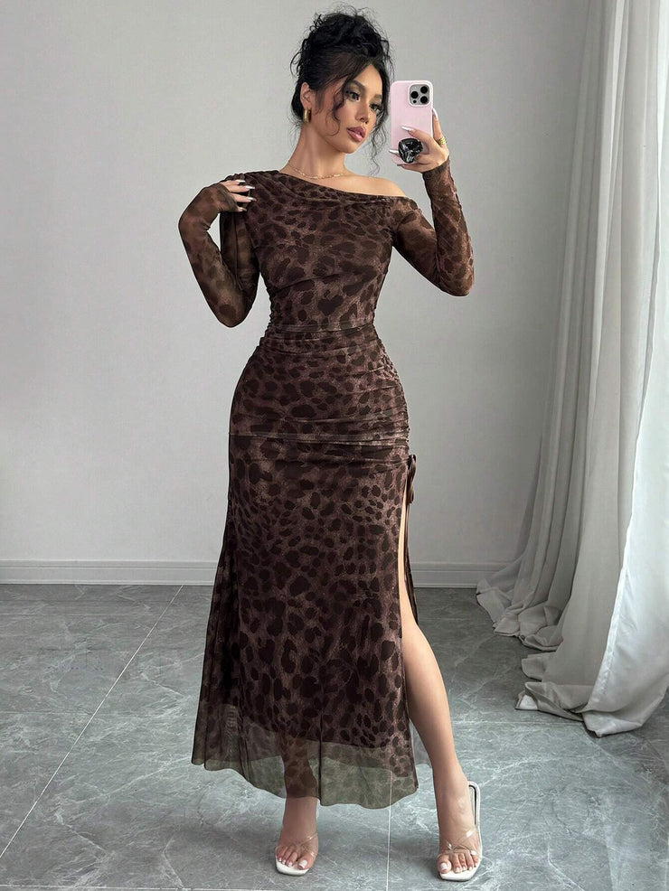 Rafferiza Elegant Tie Dye Gradient Ruched Mesh Leopard Print Asymmetrical Neck High Slit Dress Maxi Women Outfit