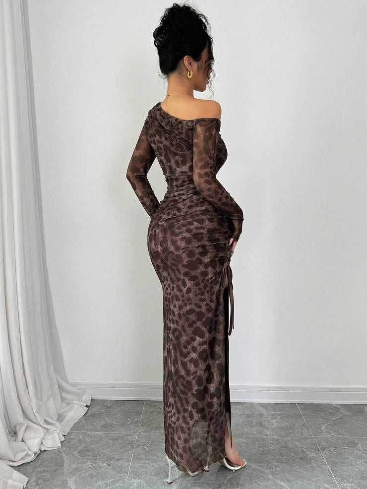 Rafferiza Elegant Tie Dye Gradient Ruched Mesh Leopard Print Asymmetrical Neck High Slit Dress Maxi Women Outfit