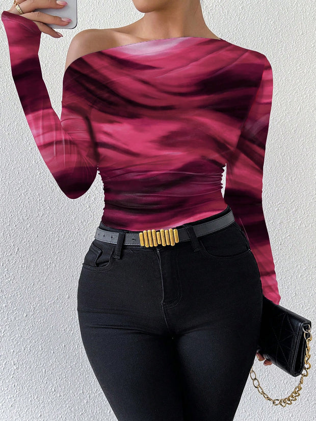 Rafferiza Marble Gradient Print Asymmetric Asymmetrical Neck Long Sleeve T-Shirt