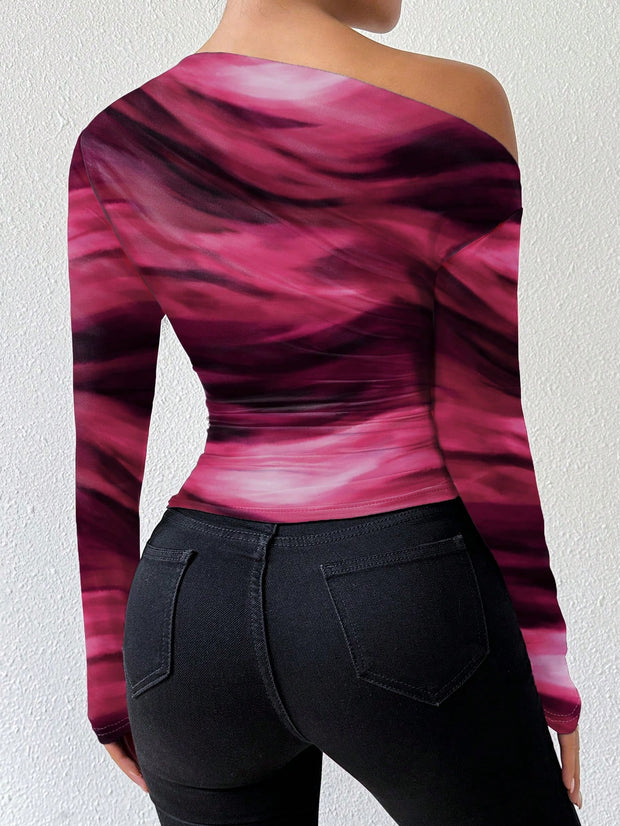 Rafferiza Marble Gradient Print Asymmetric Asymmetrical Neck Long Sleeve T-Shirt