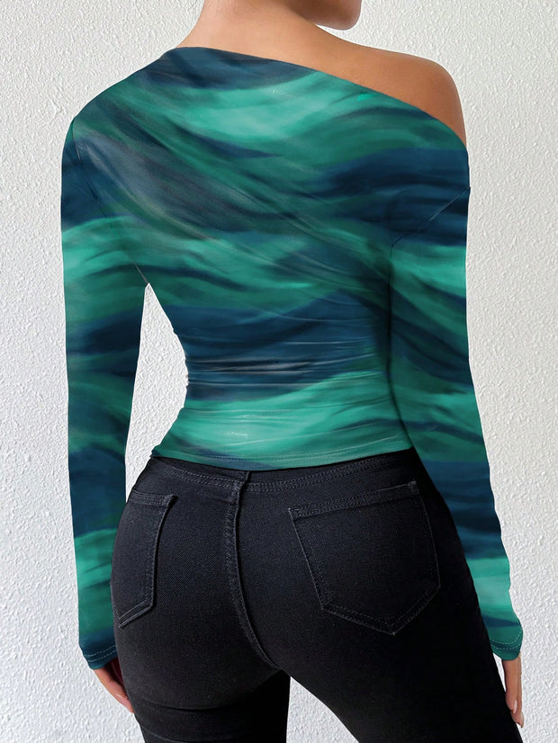 Rafferiza Marble Gradient Print Asymmetric Asymmetrical Neck Long Sleeve T-Shirt