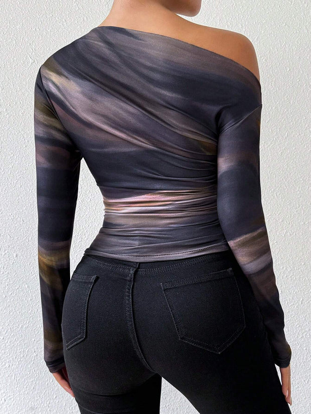 Rafferiza Marble Gradient Print Asymmetric Asymmetrical Neck Long Sleeve T-Shirt