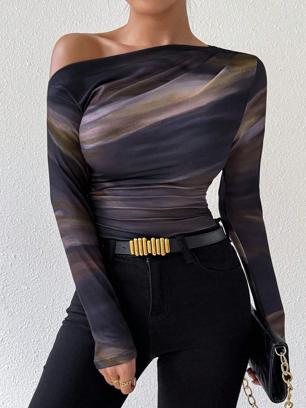 Rafferiza Marble Gradient Print Asymmetric Asymmetrical Neck Long Sleeve T-Shirt