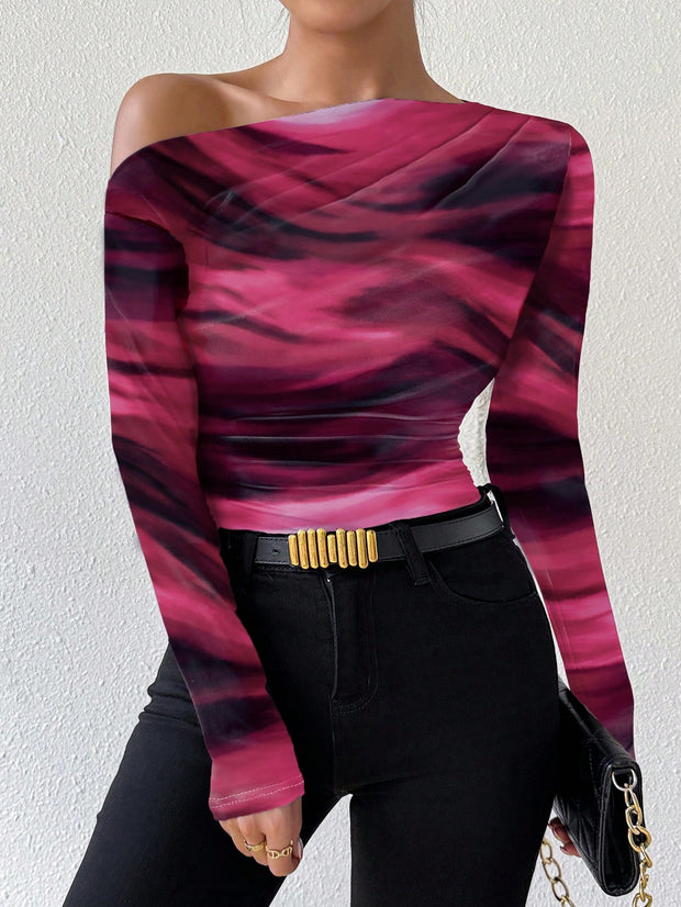 Rafferiza Marble Gradient Print Asymmetric Asymmetrical Neck Long Sleeve T-Shirt
