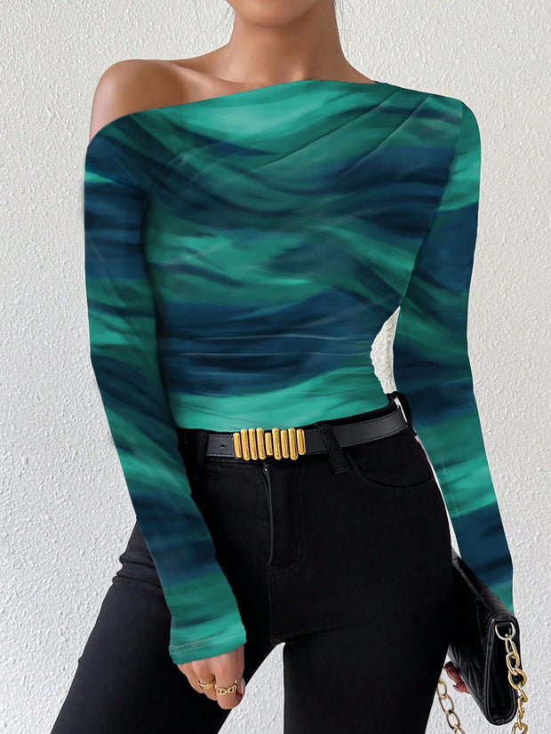 Rafferiza Marble Gradient Print Asymmetric Asymmetrical Neck Long Sleeve T-Shirt